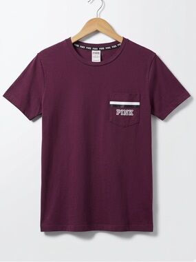 PINK Victoria's Secret Campus Deep Plum Crewneck Short Sleeve Pocket Tee NWOT